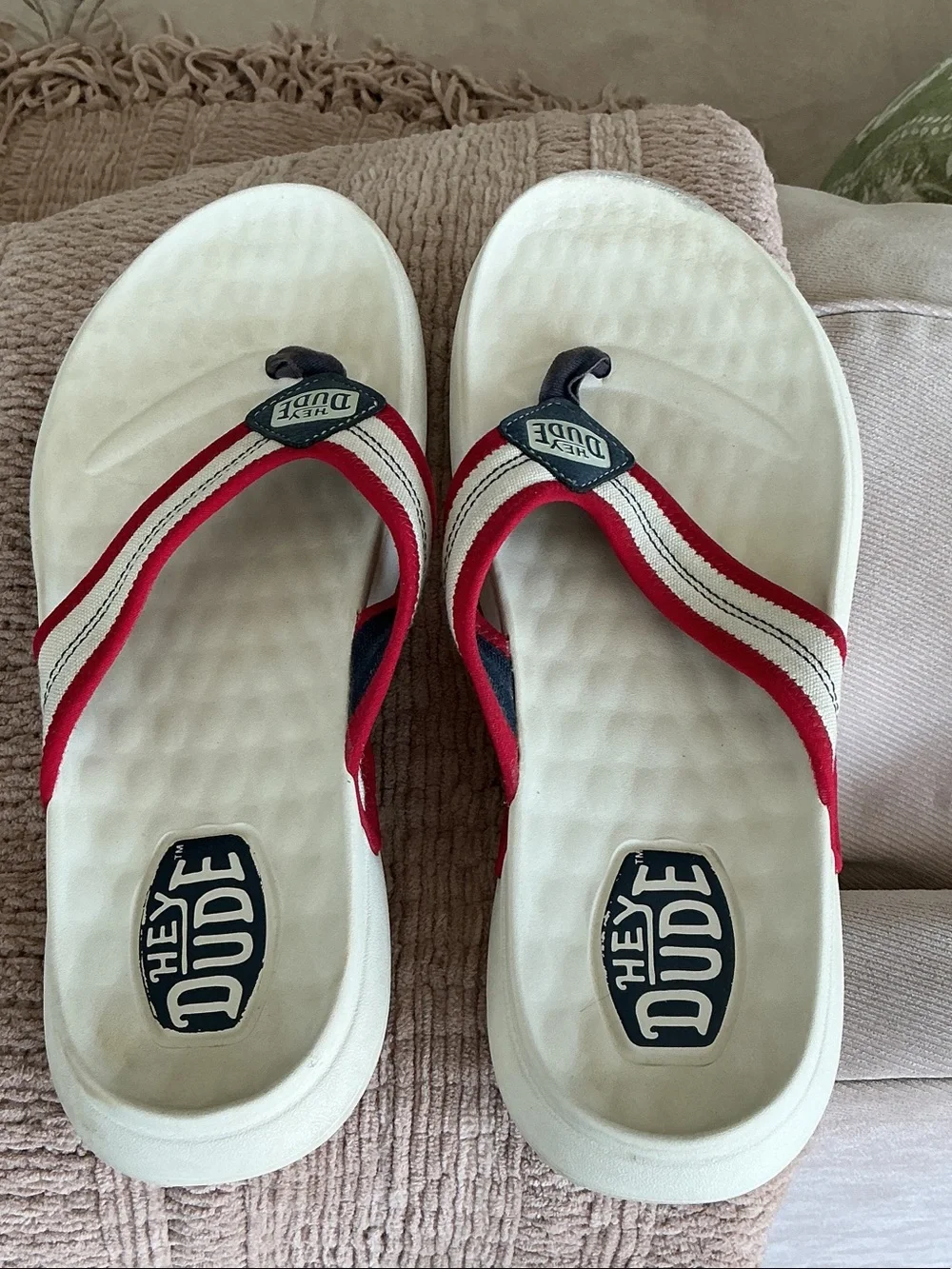 Hey Dude White Flip Flops with Red and Navy Straps
